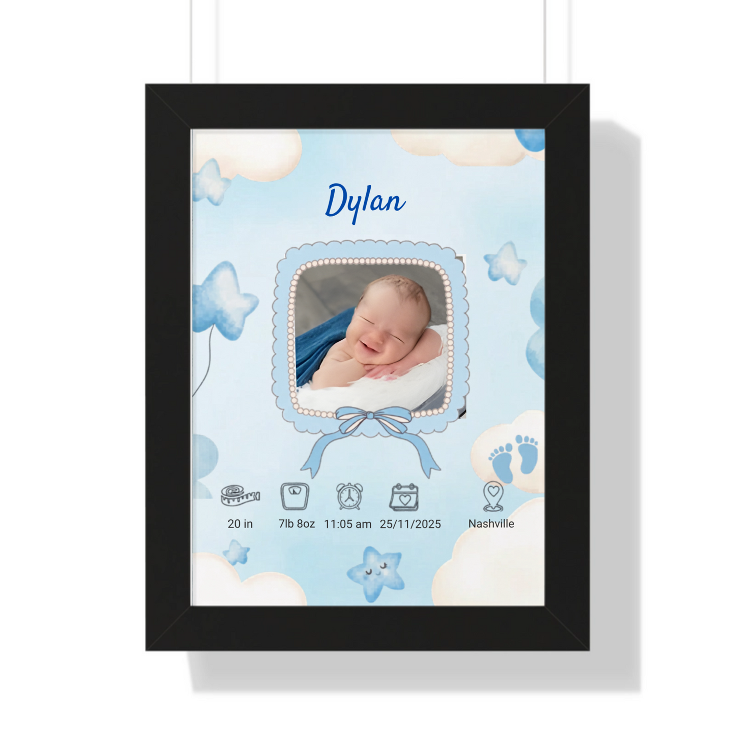 Personalized baby boy birth announcement black framed poster custom name and birth stats