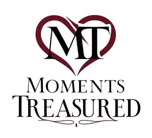 Elegant logo with stylized MT inside a red heart and Moments Treasured text below in decorative font