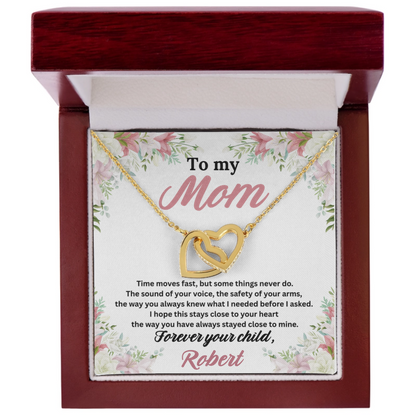 To My Mom Interlocking Hearts Necklace in 18K gold finish shown in an open luxury gift box