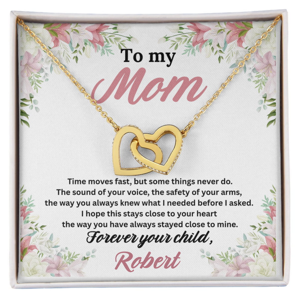To My Mom Interlocking Hearts Necklace in 18K gold finish shown in an open standard gift box