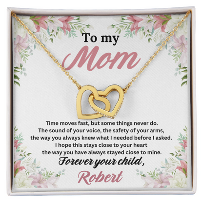 To My Mom Interlocking Hearts Necklace in 18K gold finish shown in an open standard gift box