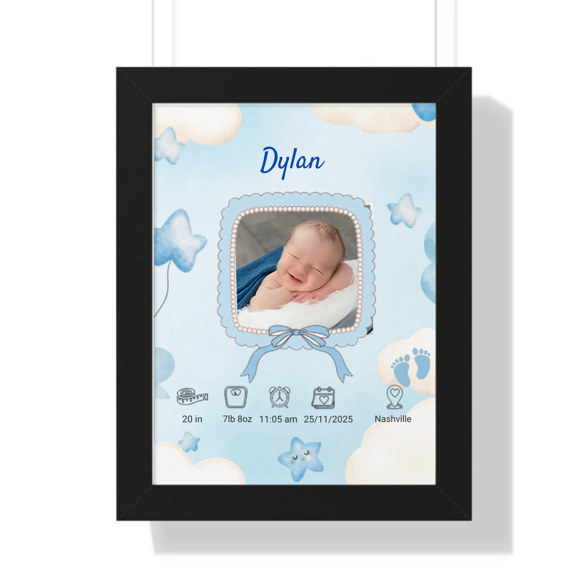 Personalized baby boy birth announcement black framed poster custom name and birth stats