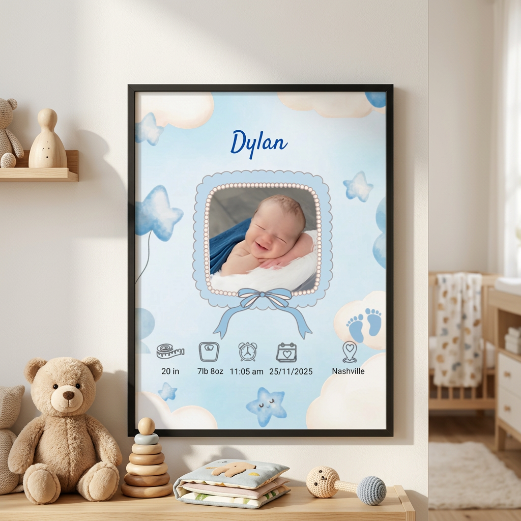 Personalized baby boy birth announcement framed poster black frame nursery wall art