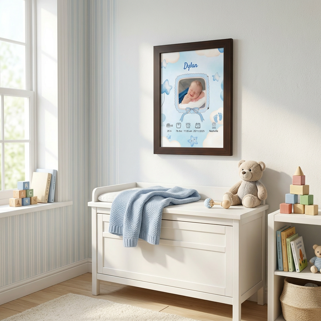 Personalized baby boy birth announcement framed poster walnut frame nursery wall art