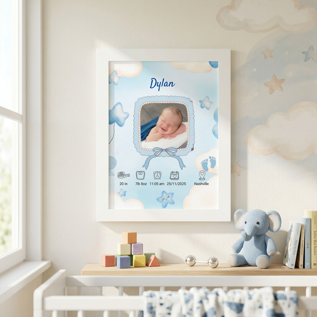 Personalized baby boy birth announcement framed poster white frame nursery wall art