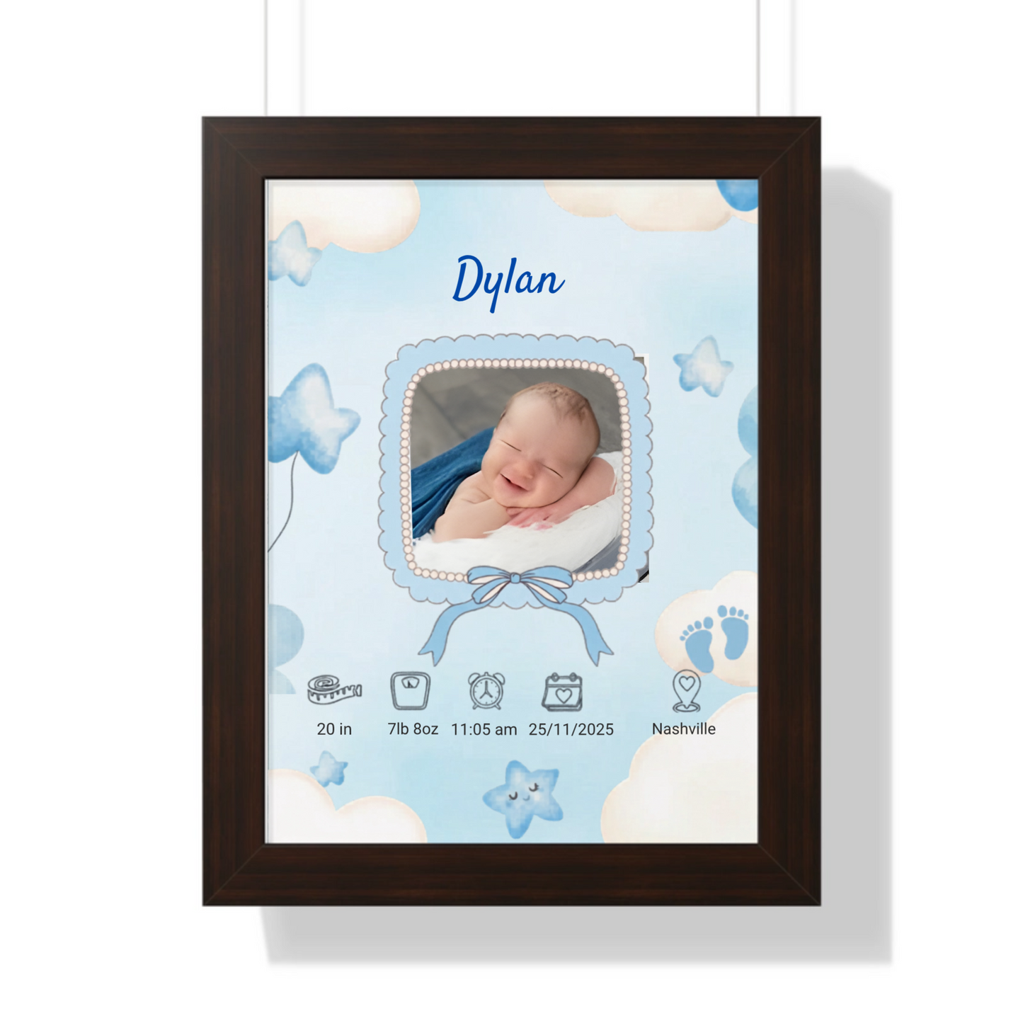 Personalized baby boy birth announcement walnut framed poster custom name and birth stats