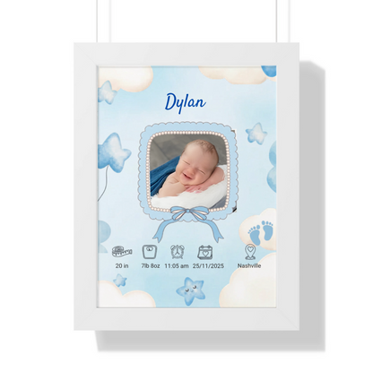 Personalized baby boy birth announcement white framed poster custom name and birth stats