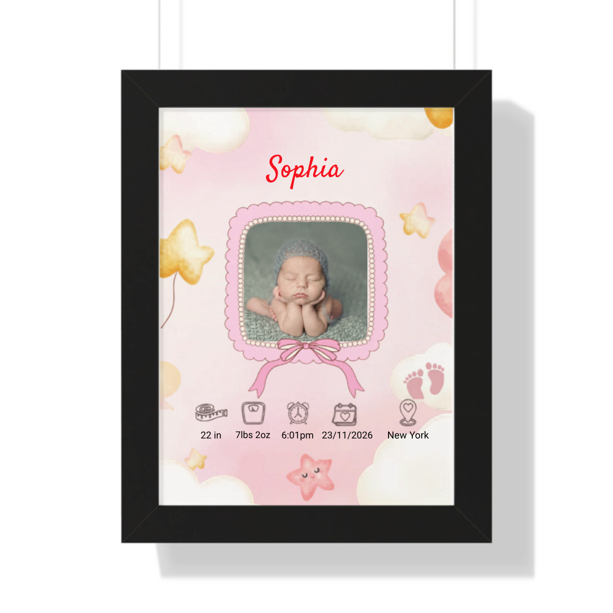 Personalized baby girl birth announcement black framed poster custom name and birth stats