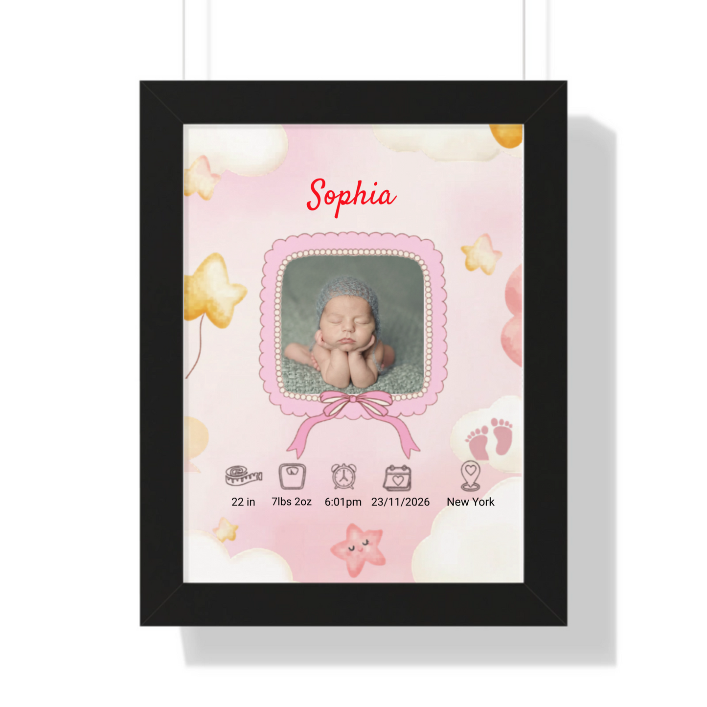 Personalized baby girl birth announcement black framed poster custom name and birth stats