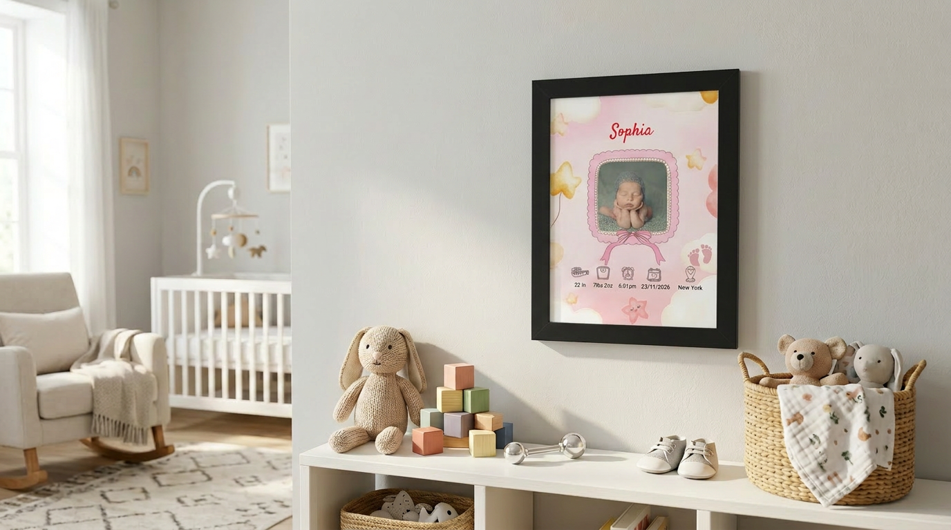 Personalized baby girl birth announcement framed poster black frame nursery wall art
