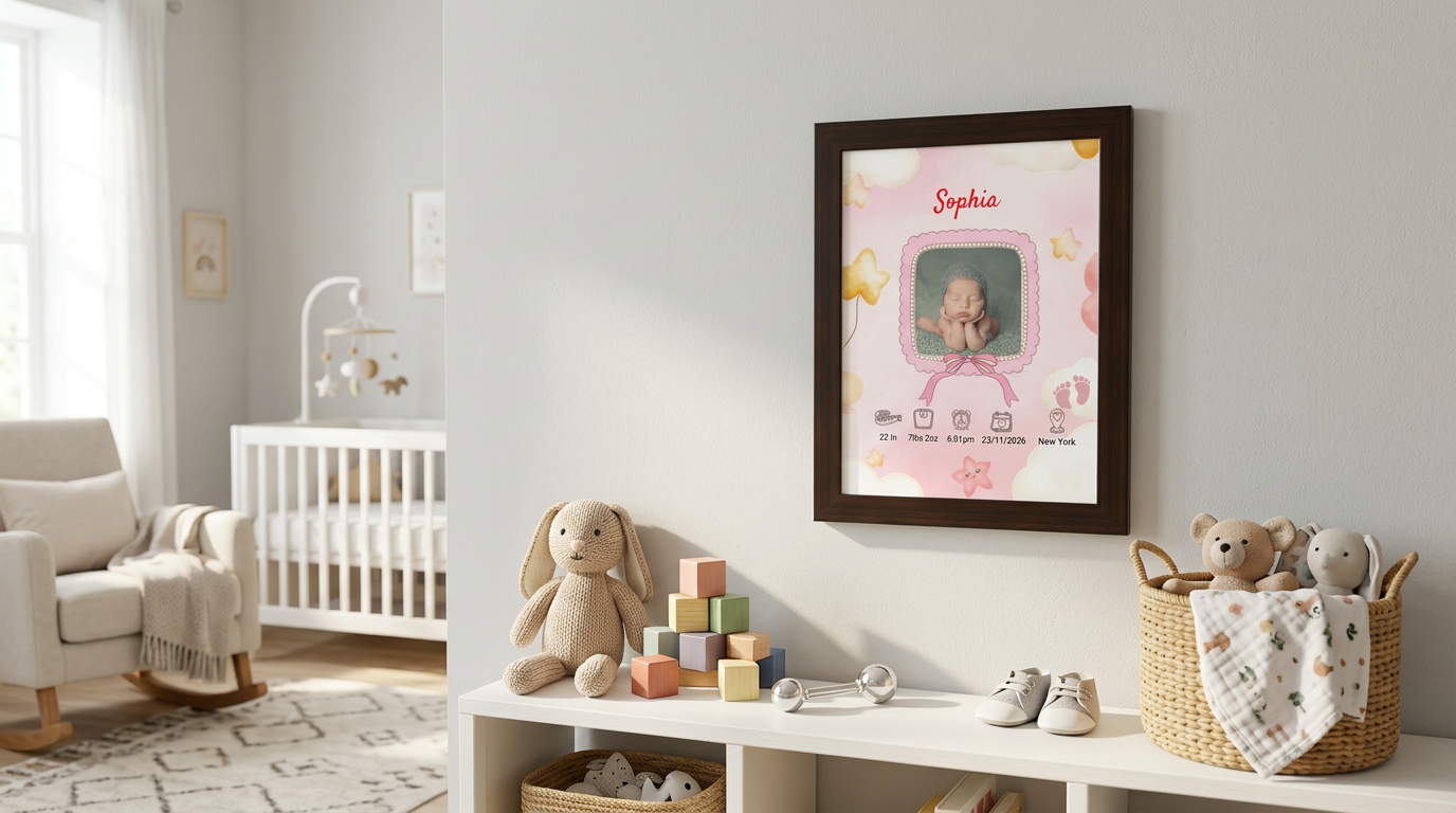 Personalized baby girl birth announcement framed poster walnut frame nursery wall art