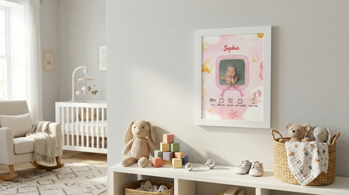 Personalized baby girl birth announcement framed poster white frame nursery wall art