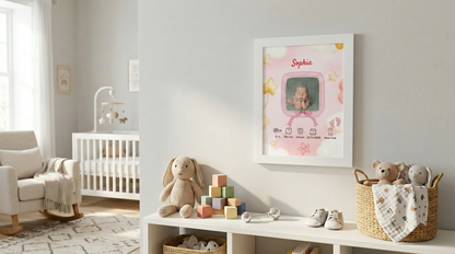 Personalized baby girl birth announcement framed poster white frame nursery wall art