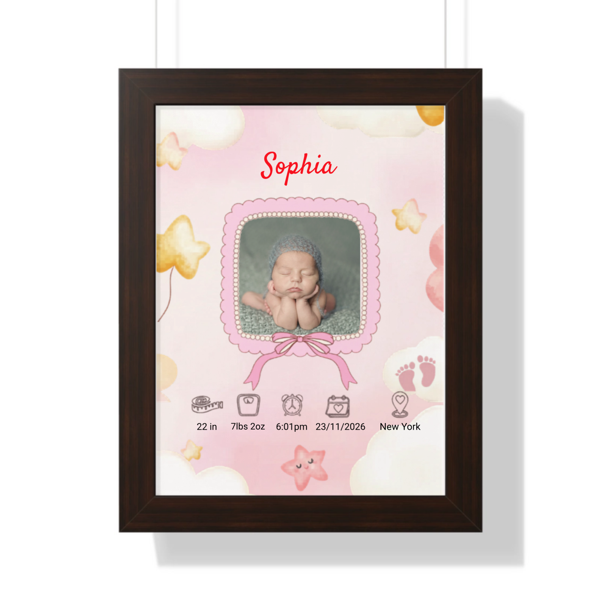 Personalized baby girl birth announcement walnut framed poster custom name and birth stats