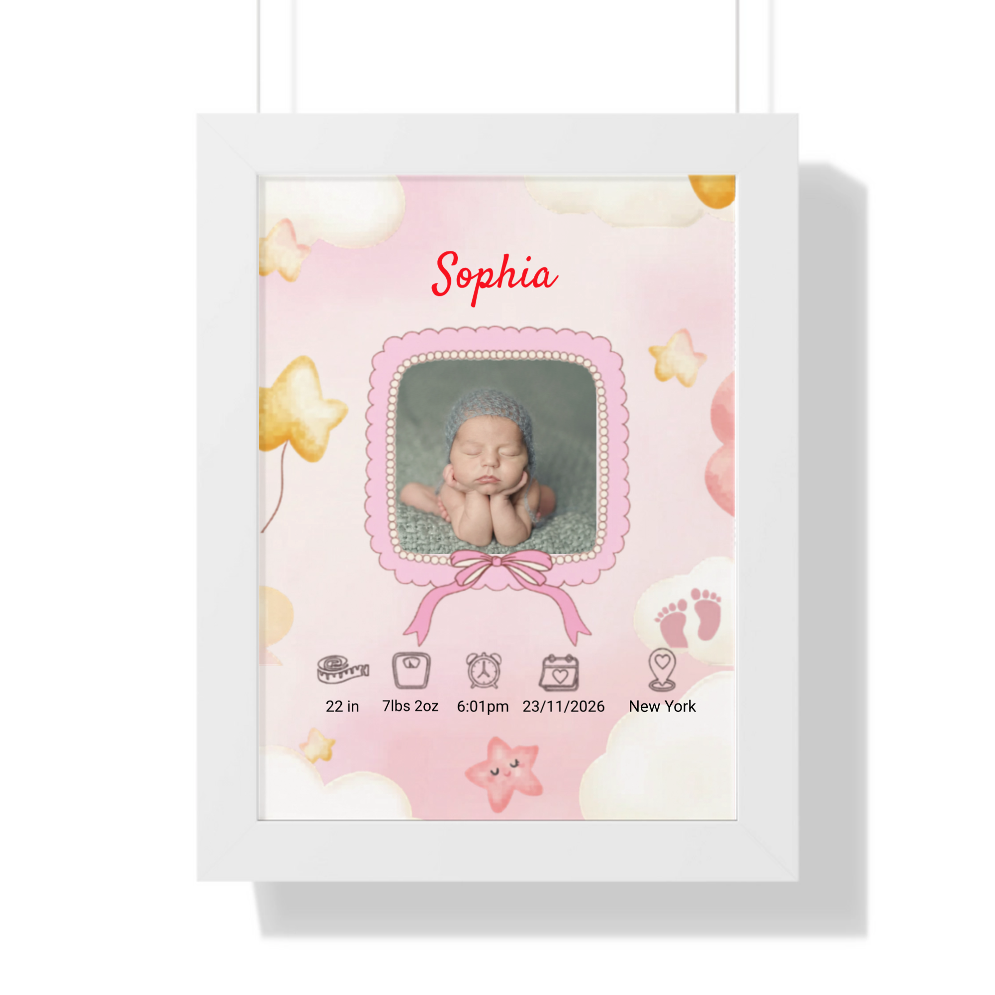 Personalized baby girl birth announcement white framed poster custom name and birth stats