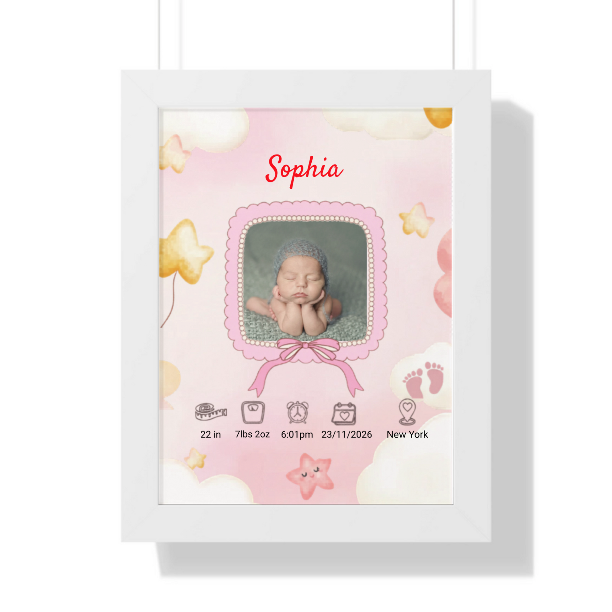 Personalized baby girl birth announcement white framed poster custom name and birth stats