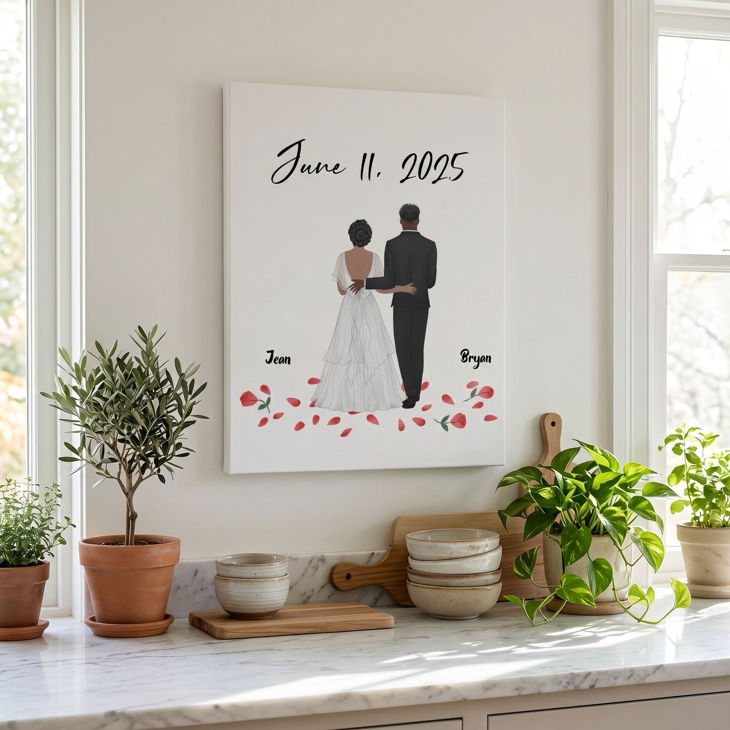 Personalized wedding canvas print bride and groom kitchen setting