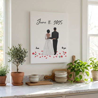 Personalized wedding canvas print bride and groom kitchen setting