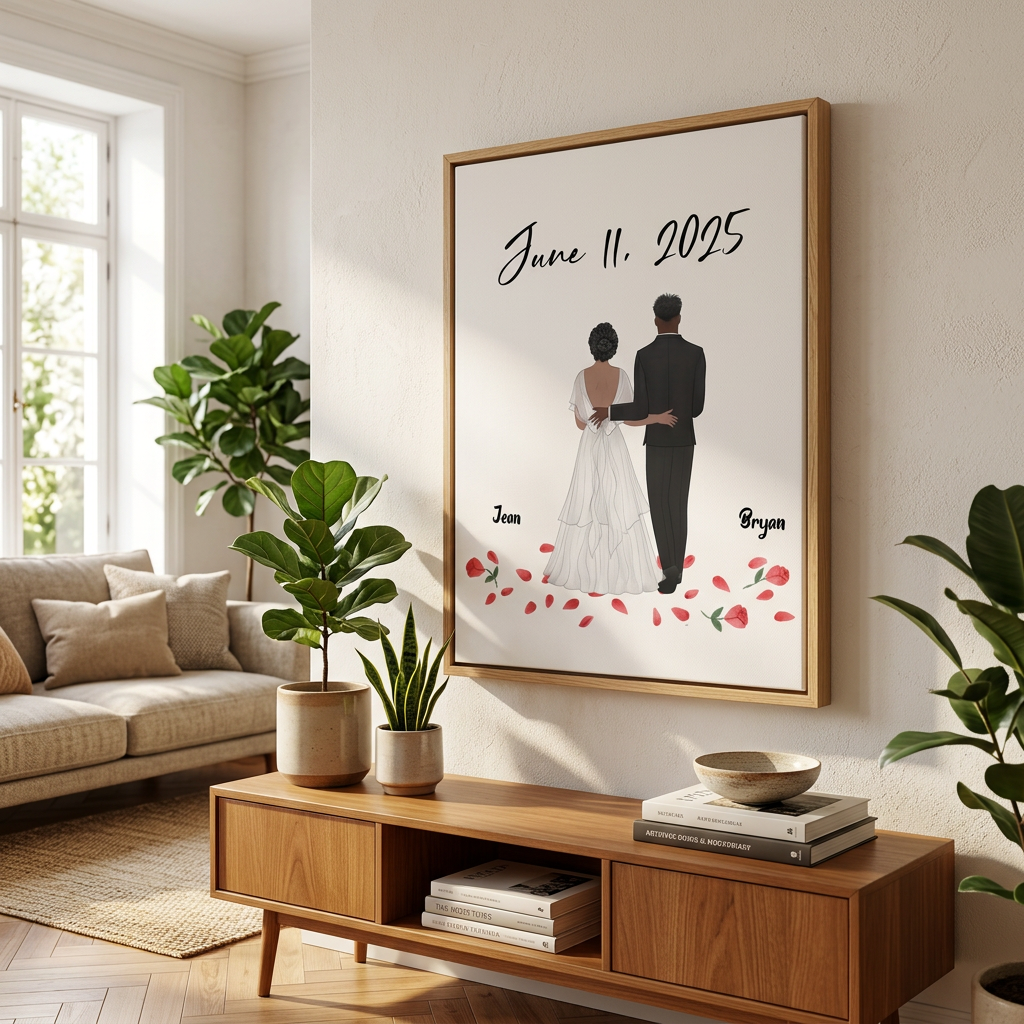 Custom couple portrait canvas bride and groom living room wall art