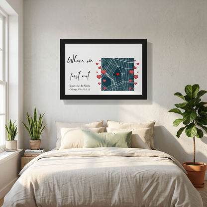 "Custom location map framed poster on wall - personalized couple gift"