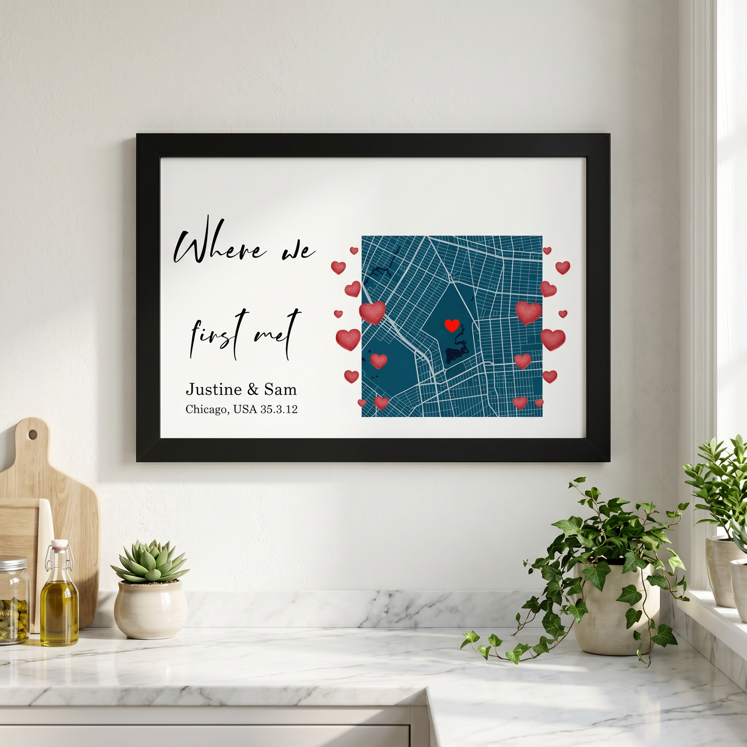 Custom map poster inCustom map poster in walnut frame showing where we first met location with personalized couple names and city coordinates - Moments Treasured walnut frame showing where we first met location with personalized couple names and city coordinates - Moments Treasured