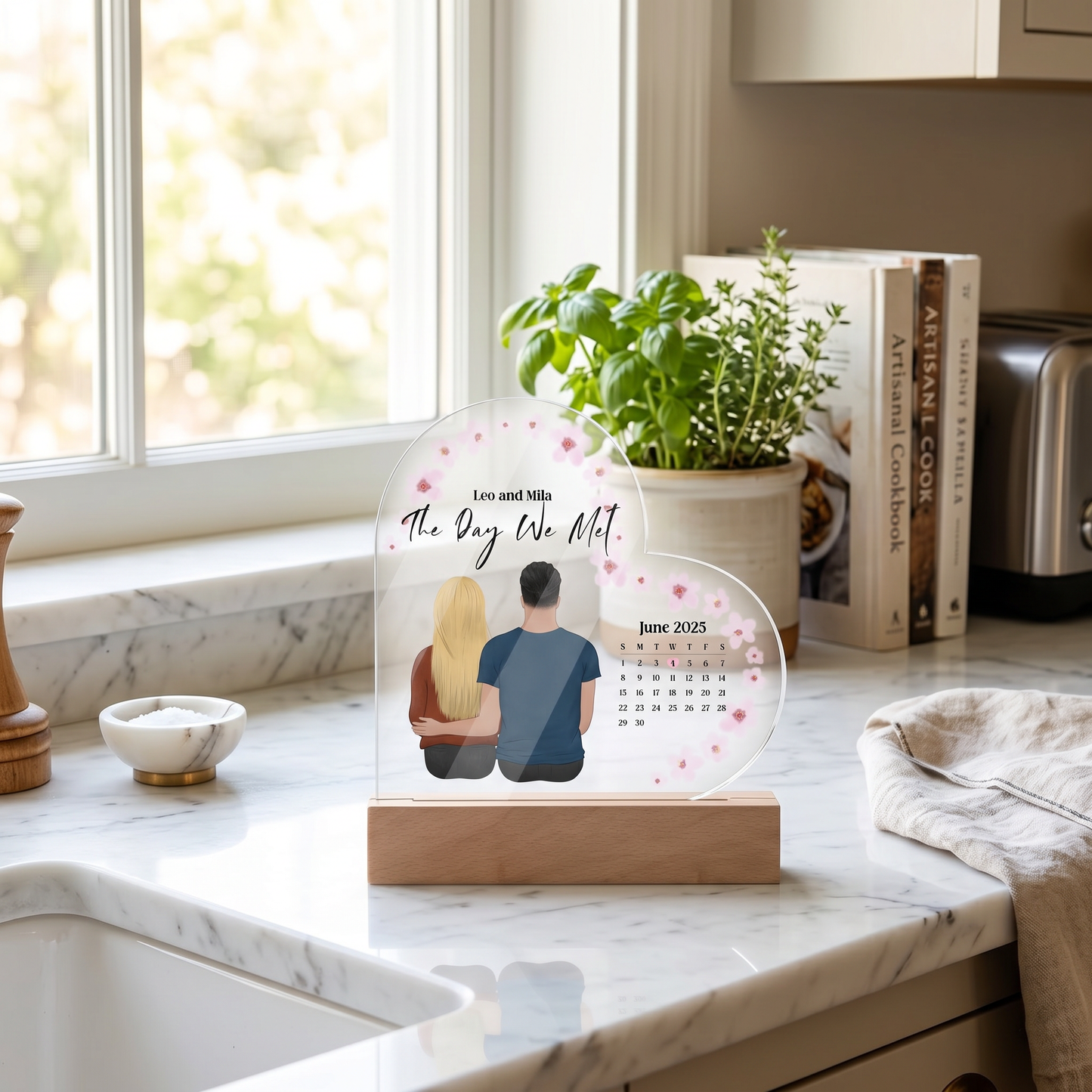 Personalized acrylic heart LED plaque bride and groom kitchen setting