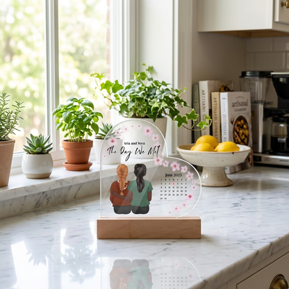 Personalized acrylic heart LED plaque two brides kitchen setting