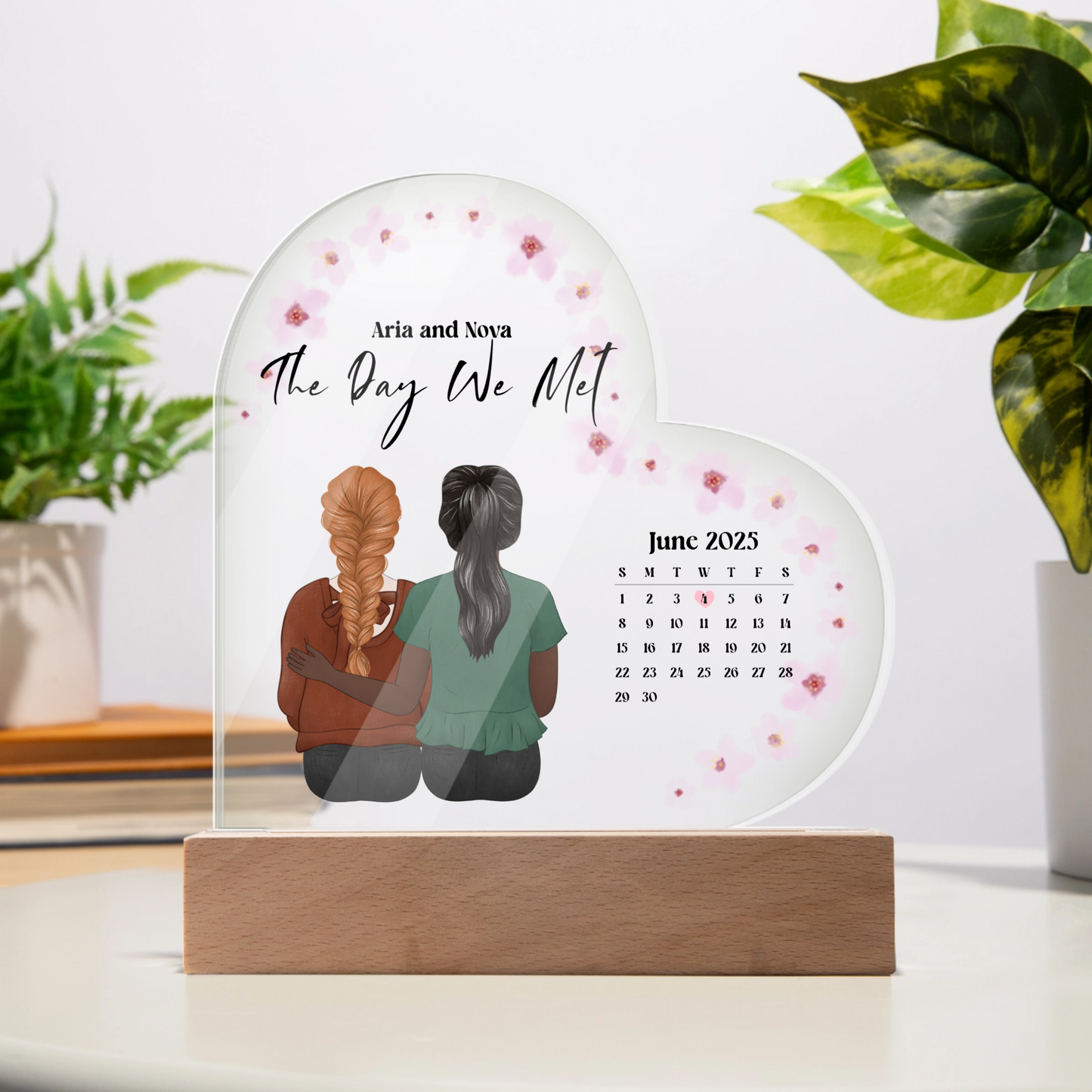 Custom day we met acrylic heart LED plaque two brides personalized names and date