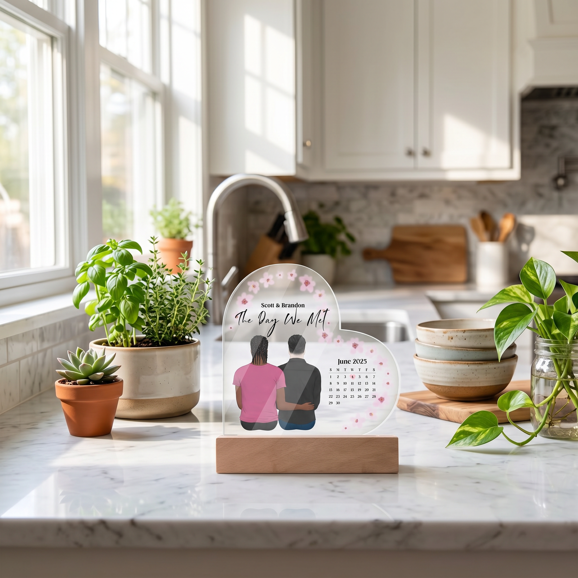Personalized acrylic heart LED plaque two grooms kitchen setting