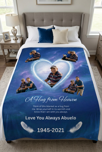 Custom memorial photo blanket for abuelo displayed on a bed with family soccer photos and A Hug from Heaven poem