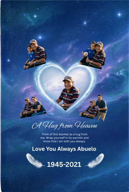 Flat mockup of personalized memorial blanket for abuelo with glowing heart design and custom family soccer photos