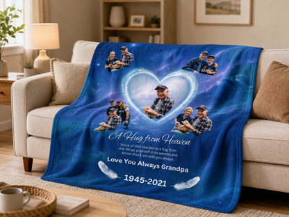 Personalized memorial fleece blanket for grandpa draped over a couch, featuring custom family baseball photos and A Hug from Heaven poem