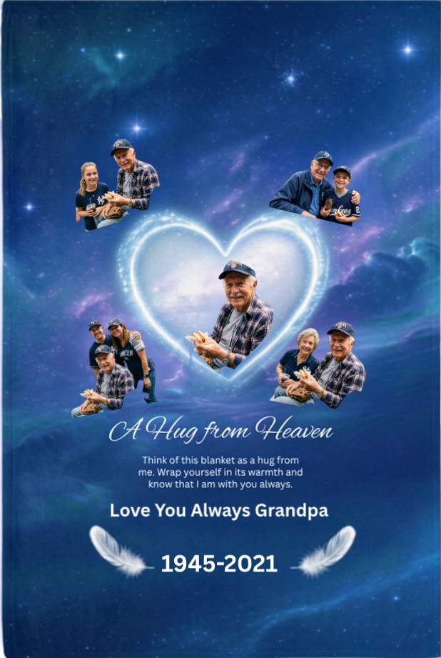 Flat mockup of personalized A Hug from Heaven memorial blanket for grandpa featuring custom baseball family photos