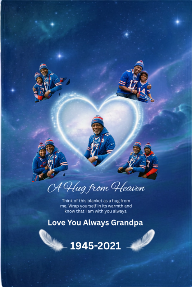 Flat mockup of custom memorial fleece blanket for grandpa with Buffalo Bills fan family photos and A Hug from Heaven poem