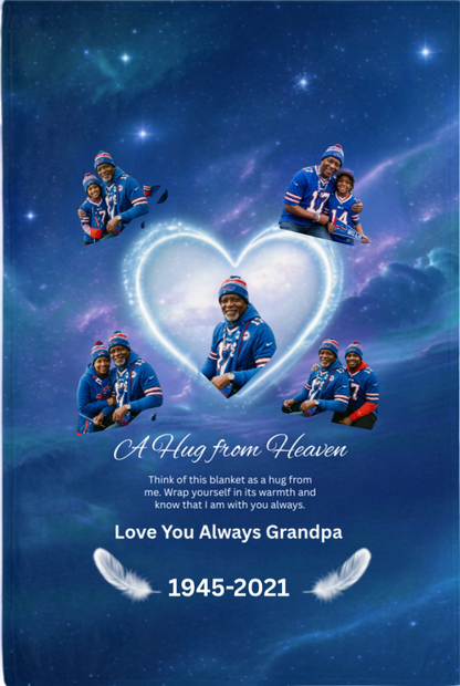 Flat mockup of custom memorial fleece blanket for grandpa with Buffalo Bills fan family photos and A Hug from Heaven poem