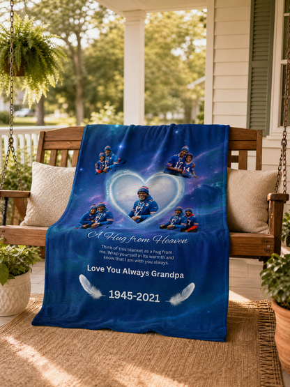 Personalized memorial photo blanket for grandpa displayed on a porch swing featuring Buffalo Bills family photos