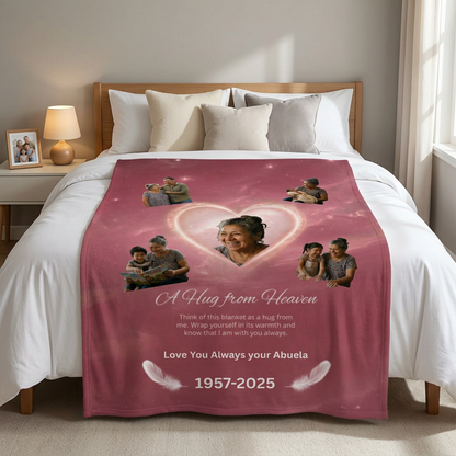 Personalized memorial fleece blanket with hug from heaven design displayed on bed