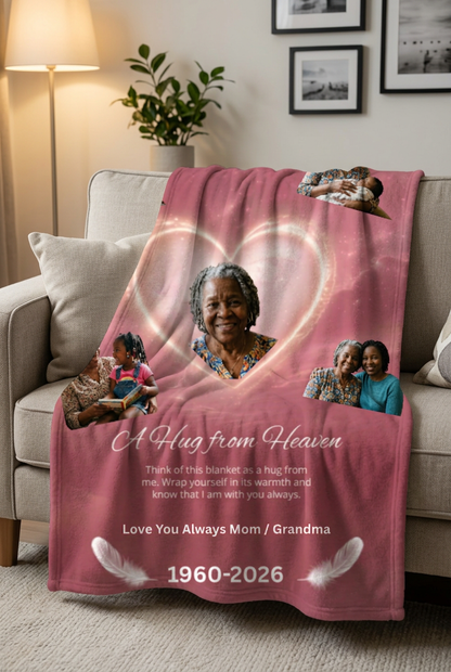 Custom photo memorial blanket draped over couch with family photos and heart design