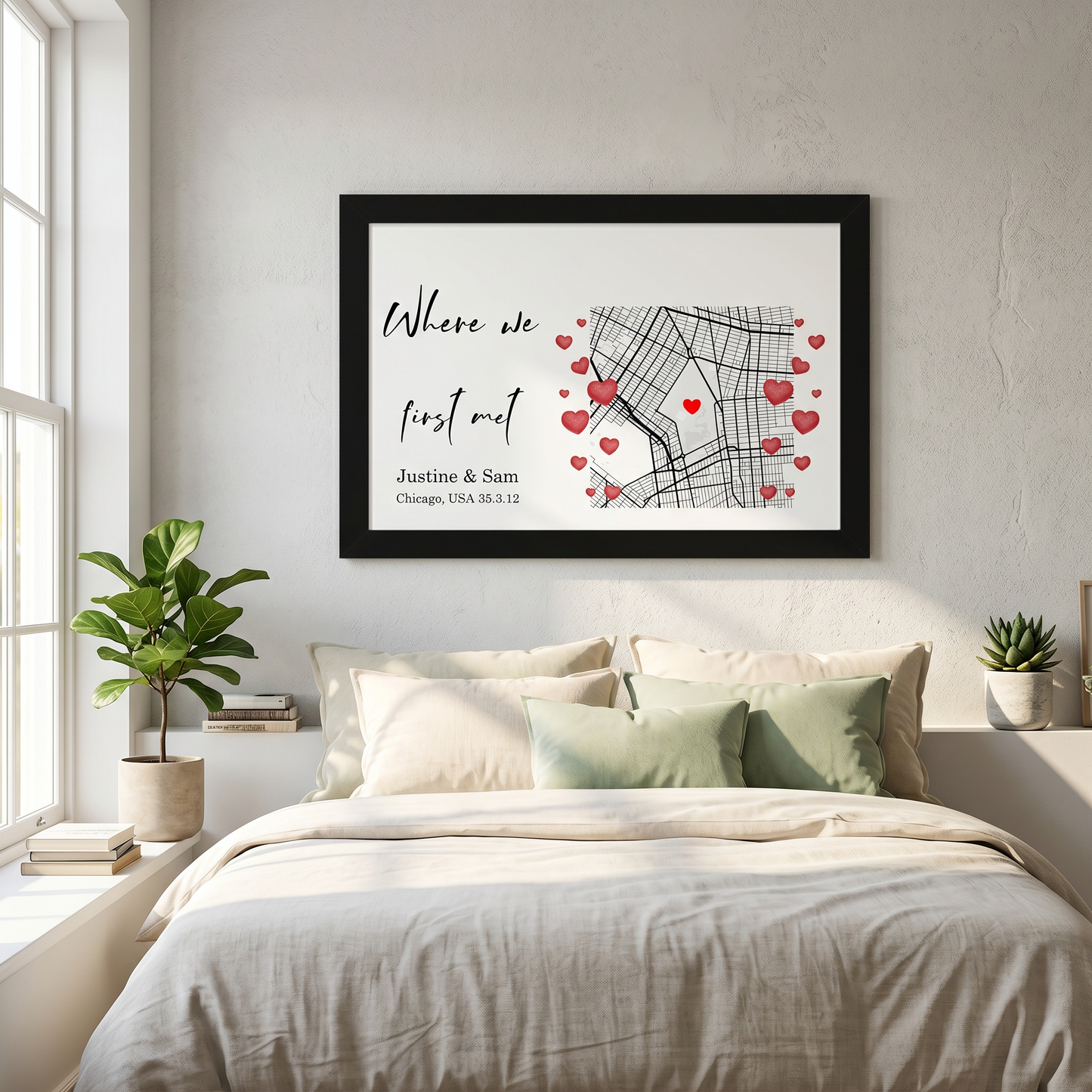 "Personalized city map framed poster with hearts and couple names"