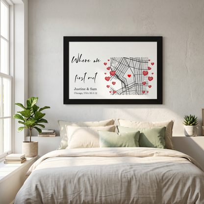 "Personalized city map framed poster with hearts and couple names"