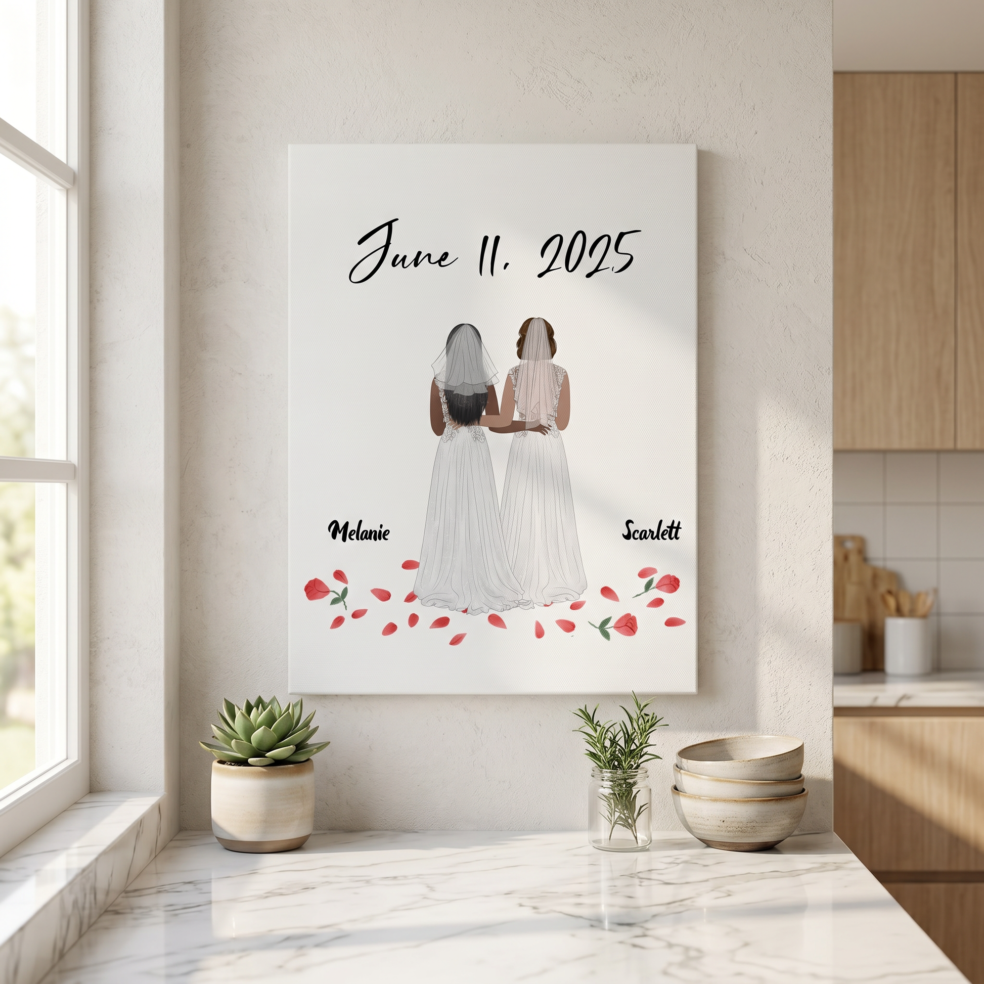 Personalized wedding canvas print two brides kitchen setting