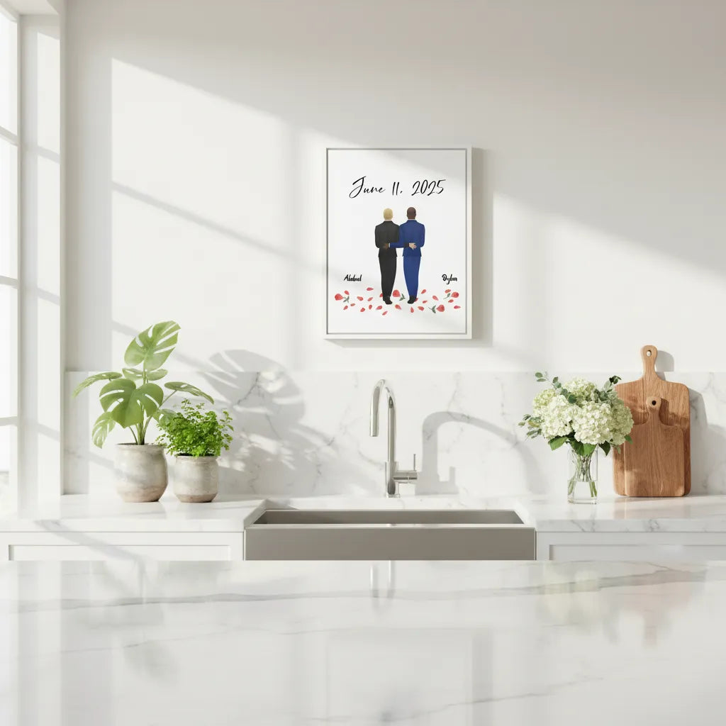Personalized wedding canvas print two grooms kitchen setting