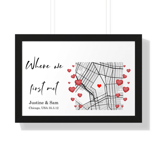 "Where We First Met custom map framed poster with couple names - black frame"